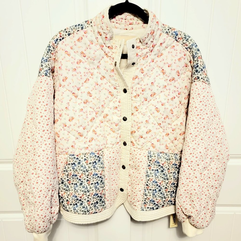 BLANK NYC Medium Drop Shoulder Quilted Patchwork Micro Floral Bomber Jacket $128